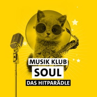 Die Zeichnung eines Kätzchens mit Brille, Saxophon und Mikrofon vor gelbem Hintergrund mit Schriftzug "Musik Klub Soul - Das Hitparädle"