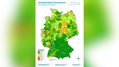 Übersicht über die Überschuldung von Verbrauchern in Deutschland 2024 auf einer Deutschlandkarte