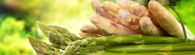 Grüner und weißer Spargel liegt auf einem Holzbrett.