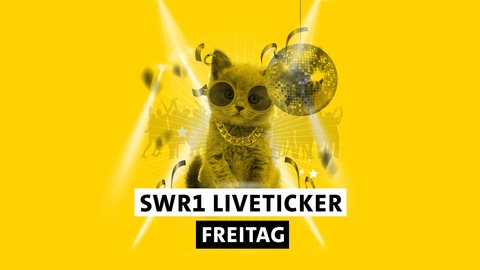 SWR1 Hitparaden-Kätzchen mit Discokugel, Sonnebrille, tanzenden Menschen und dem Schriftzug "SWR1 Liveticker Freitag"