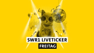 SWR1 Hitparaden-Kätzchen mit Discokugel, Sonnebrille, tanzenden Menschen und dem Schriftzug "SWR1 Liveticker Freitag"