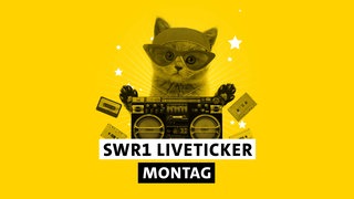 SWR1 Hitparaden-Kätzchen mit Stirnband, Sonnenbrille, Ghettoblaster, Kassetten und dem Schriftzug "SWR1 Liveticker Montag"