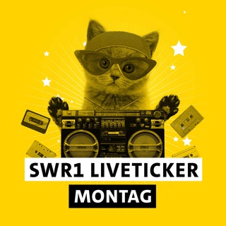 SWR1 Hitparaden-Kätzchen mit Stirnband, Sonnenbrille, Ghettoblaster, Kassetten und dem Schriftzug "SWR1 Liveticker Montag"