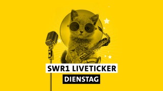 SWR1 Hitparaden-Kätzchen mit Mikrofon, Saxophon, Sonnebrille und dem Schriftzug "SWR1 Liveticker Dienstag""