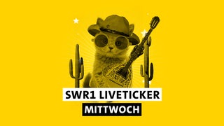 SWR1 Hitparaden-Kätzchen mit Cowboy-Hut, Sonnebrille, Kakteen, Gitarre und dem Schriftzug "SWR1 Liveticker Mittwoch"