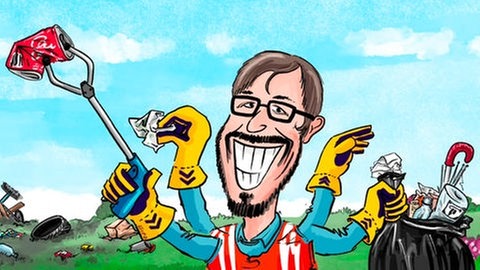 Cartoon von SWR1 Moderator Ingo Lege mit Besen beim Müll sammeln und entsorgen im Rahmen der SWR1 Dreck weg-Woche!