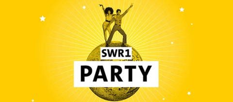Glitzernde Disco-Kugel mit zwei tanzenden Personen vor gelbem Hintergrund und dem Schriftzug "SWR1 Party"