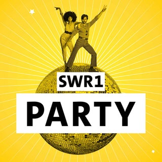 Glitzernde Disco-Kugel mit zwei tanzenden Personen vor gelbem Hintergrund und dem Schriftzug "SWR1 Party"