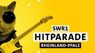 Eine Katze mit Sonnenbrille und Gitarre auf gelbem Hintergrund mit dem Schriftzug "SWR1 Hitparade Rheinland-Pfalz"