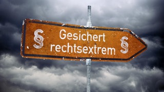 Brauner Wegweiser mit Aufschrift Gesichert rechtsextrem mit Paragrafenzeichen vor grauem Himmel, Fotomontage. Historiker Prof. Andreas Rödder ist zu Gast in SWR1 Leute. Er gilt als konservativer Vordenker und bisweilen auch als Gewissen der CDU, aus der er sich zuletzt mehr und mehr zurückzog. Er fordert schon lange eine "bürgerliche Reformagenda", ist für eine Abkehr von der sogenannten Brandmauer zur AfD und würde diese lieber durch "rote Linien" ersetzen.