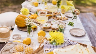 Ein gedesckter Tisch mit frischen Zitronen, Zitronenlimonade und Zitronentörtchen.