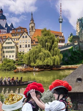 Bildcollage aus verschiedenen Sehenswürdigkeiten in Baden-Württemberg und Rheinland-Pfalz