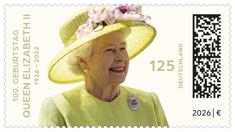 Zum 100. Geburtstag von Queen Elizabeth II. bringt die Deutsche Post eine Sonderbriefmarke heraus. Darauf abgebildet ist die Königin in einem gelben Kostüm und mit gelbem Hut.