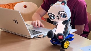 An der Uni Mainz werden  Robotik-Prototypen ausgestellt. Ein Roboter, hält Menschen davon ab, zu viel Zeit am Handy zu verbringen.