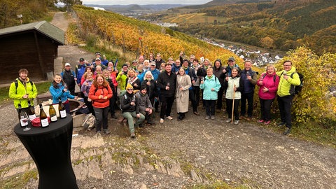 Für die Gewinner von Die Wandergruppe der Aktion "SWR4 wandert" mit Weingläserns in der Hand und in der Mitte der Weinkönig und die Weinkönigin!