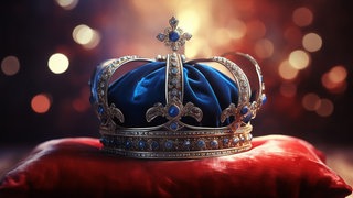 Eine silbrige Krone mit blauem Samt liegt auf einem roten Kissen