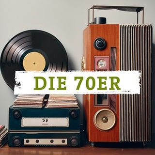 SWR4 Webradio Bild mit der Aufschrift "Die 70er", im Hintergrund eine Schallplatte und ein altes Radio