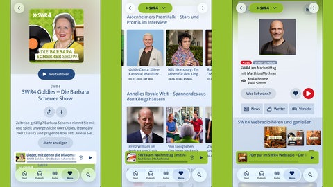 Drei Screenshots der SWR4 App in ARD Sounds in einer Bildmontage