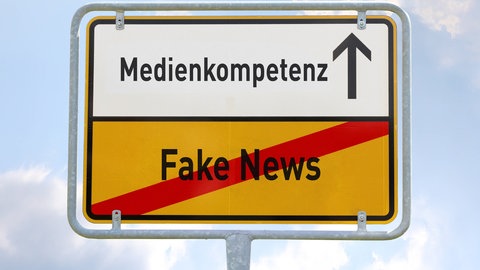 Auf einem Straßenschild steht durchgestrichen "Fake News" und darüber das Wort "Medienkompetenz" samt eines Pfeiles nach oben. Erhöhung der Medienkompetenz schützt also vor Fake News.