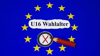 Grafik: Europasymbol mit Wahlkreuz und U16 Wahlalter