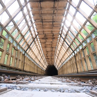 Tunnelkonstruktion aus Holz über Bahngleisen.