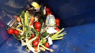 Weggeschmissene Lebensmittel liegen in einer Mülltonne.