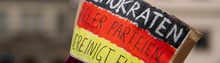Bei einer Demonstration für Demokratie trägt ein Teilnehmer einen Papphut in Deutschland-Farben und der Aufschrift "Demokraten aller Parteien vereinigt Euch"