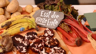 Lebensmittel, die nicht mehr ganz frisch aber gut essbar sind, liegen auf einer Holzplatte: Kartoffeln, Bananen, Artischocken, Rhabarber sind zu sehen