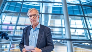 Dietmar Bartsch steht im Bundestag auf der Ebene der gläsernen Reichtstagskuppel über dem Plenarsaal.