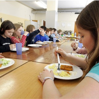 Kinder einer Ganztagsgrundschule sitzen an einer langen Reihe zusammengeschobener Tische und essen Fischstäbchen, Kartoffelbrei und Salat.