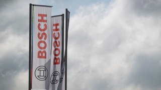 Bosch-Flaggen wehen vor bewölktem Himmel.