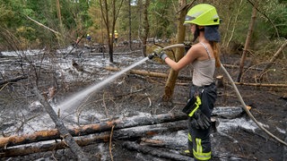 Feuerwehrfrau löscht Feuer im Waldgebiet.