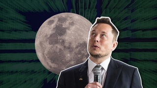 Bildmontage: SpaceX-Gründer Elon Musk schaut nach oben, hinter ihm der Mond.