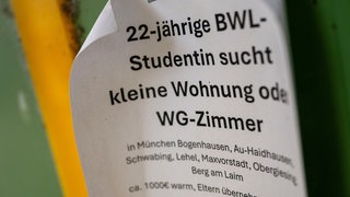Ein Zettel mit der Aufschrift "22-jährige BWL-Studentin sucht kleine Wohnung oder WG-Zimmer" hängt an einer Wand.