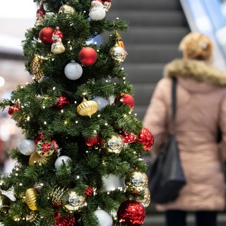 Kunden gehen in einem Einkaufszentrum an einem geschmückten Weihnachtsbaum vorbei