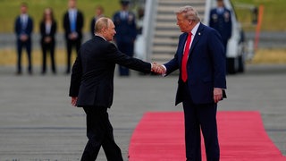 US-Präsident Donald Trump begrüßt den russischen Präsidenten Wladimir Putin auf der Joint Base Elmendorf-Richardson in Anchorage, Alaska.
