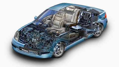 Skizze vom Innenleben des ersten Hypridautos, das in Deutschland vor 25 Jahre in Serie verkauft wurde: Der Toyota Prius: Beim Verkaufsstart wurde er noch belächelt, denn Benzin war günstig. Trodzem setzten die Japaner auf den zweiten Antrieb mit einer kleinen Batterie.