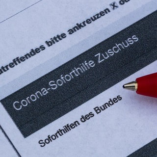 Symbolbild: Ein Stift liegt auf einem Antrag für den Corona-Soforthilfe-Zuschuss. Bei einer Razzia in Hessen, Rheinland-Pfalz, Bayern und Baden-Württemberg haben Polizisten Bargeld sowie neun Luxusautos wie etwa einen Ferrari und einen Lamborghini sichergestellt.
