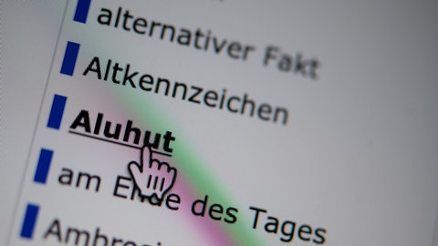 Ein Mauszeiger steht auf der Homepage des Online-Wortschatz-Informationssystem Deutsch des Leibniz-Institut für Deutsche Sprache über dem Link zum Eintrag des Wortes "Aluhut" im Wörterbuch der Neologismen