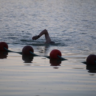 Ein Mann schwimmt am frühen Morgen in einem Badesee.