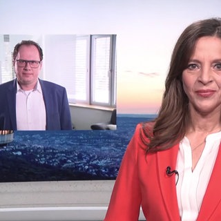 Nachrichtensprecherin Stephanie Haiber mit zugeschaltetem Gast