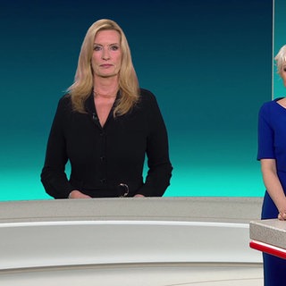 Nachrichtensprecherin Tatjana Geßler mit Wetterreporterin Claudia Kleinert