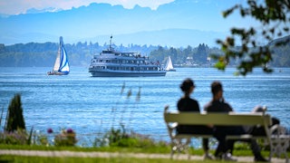 Das Passagierschiff Stuttgart fährt auf dem Bodensee zur Anlegestelle, während im Vordergund ein Paar auf einer Bank im Uferpark sitzt.