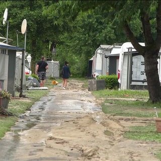Folgen des Starkregens für einen Campingplatz bei Markdorf (Bodenseekreis).