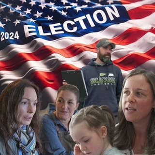 Collage: US-Amerikaner, die in Baden-Württemberg leben, im Hintergrund die amerikanische Flagge, nach dem Wahlsieg von Trump