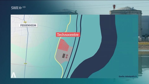 Karte auf dem das Kraftwerk "Tecnocentre" bei Fessenheim zu sehen ist