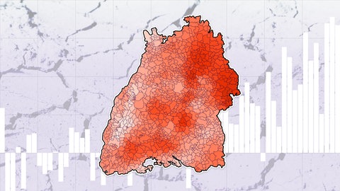 Baden-Württemberg-Karte zeigt Temperaturerhöhung im Jahr 2024.