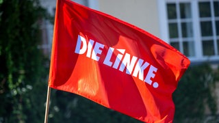 Eine Fahne mit dem Logo der Partei Die Linke weht im Wind.