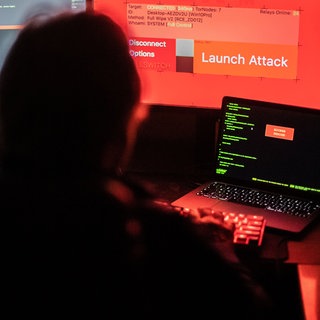 Eine Person sitzt vor Bildschirmen, die Hacker-Programme und eine fiktive Fernlösch-Software zeigen. (Symbolbild)