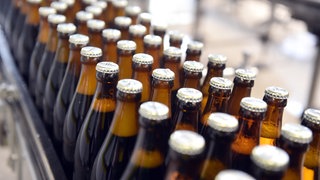 In einer Brauerei stehen Bierflaschen auf einer Abfüllanlage.  (Symbolbild)